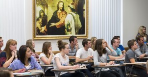 Students sit in their Foundations Religion class taught by Greg Venema.
