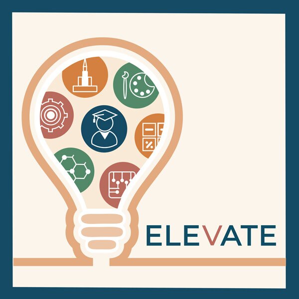 "ELEVATE" lightbulb graphic with education icons inside of it.