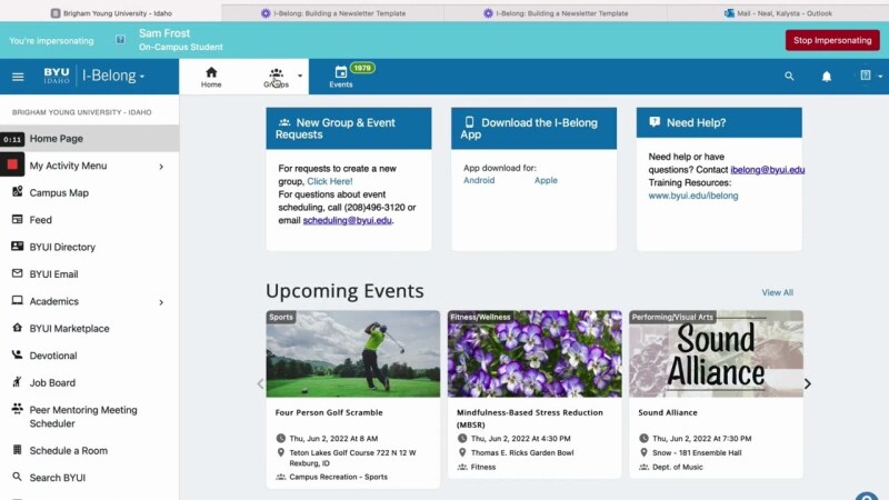 A screenshot of the BYU-Idaho I-Belong website showing the events and clubs available