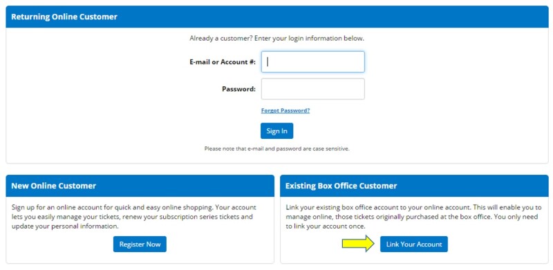 Screenshot of BYU-Idaho ticket renewal page of account sign-in with password; an arrow in the bottom right corner points to a button that says Link Your Account