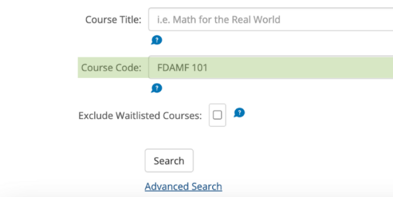 The image shows the course search page and the course code option is highlighted with a different course code. for a different class.