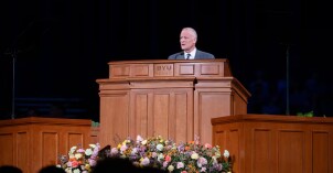 Elder David P. Homer, a General Authority Seventy, addresses BYU–Idaho students May 20, 2025, at a campus devotional in Rexburg, Idaho.