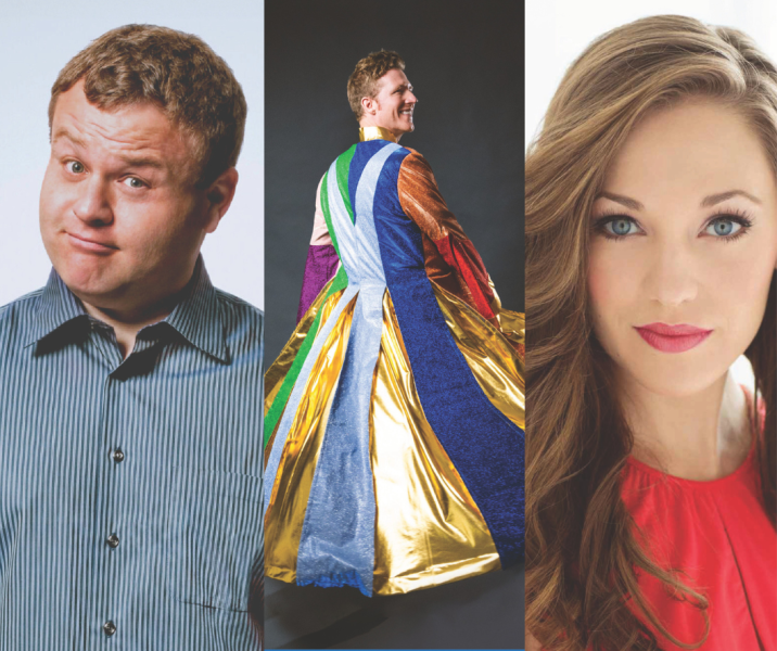A photograph spliced into three sections, featuring Center Stage performers. Photos include comic Frank Caliendo, Casey Elliott in Joseph and the Amazing Technicolor Dreamcoat, and Broadway actress and singer Laura Osnes.