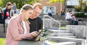 Students gather in the Library Courtyard to study.