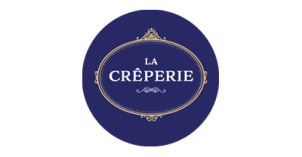 La Creperie logo "LA CREPERIE" written in white; small white detailing underneath words; dark blue background with gold detailing as outline.