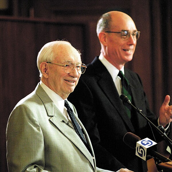 President Gordon B. Hinckley and President Henry B. Eyring at the news conference announcing the creation of BYU-Idaho.
