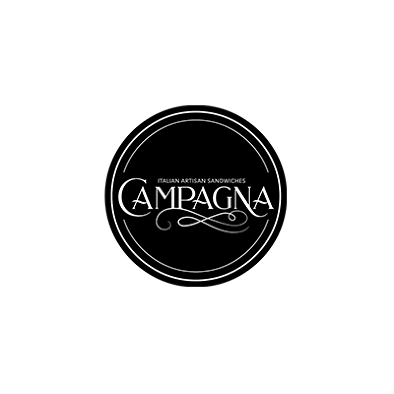 Campagna Logo "ITALIAN ARTISAN SANDWICHES; CAMPAGNA" written in white with black background.