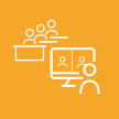 icon of several students sitting at desks and a computer with students participating in a zoom call