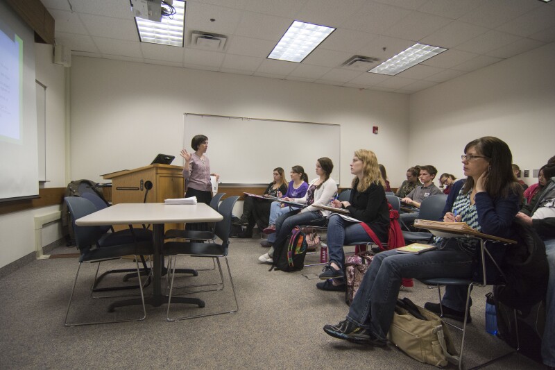 Sister Glenn talks to her English class held in the Kimball 245 during the 2014 Spring Semester.