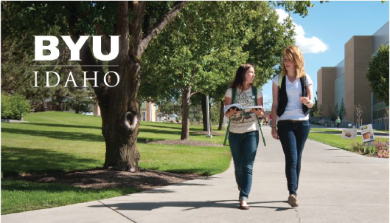 Opening slate example. Image of two female students walking and talking with the BYU-Idaho logo.