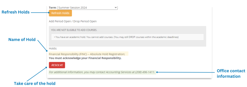 image of the registration page with instructions on how to resolve holds