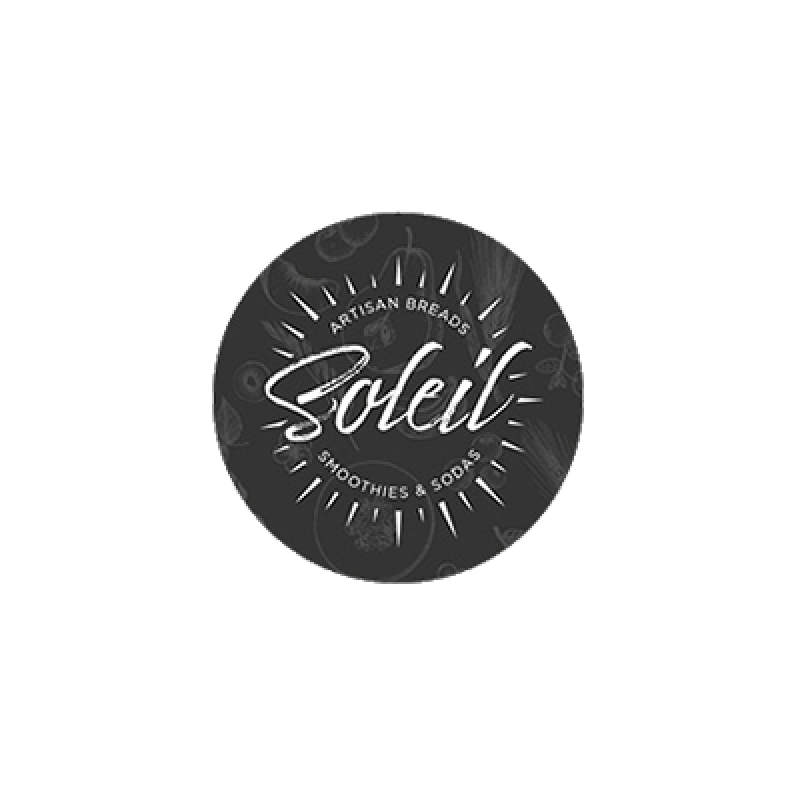 Soleil logo with "ARTISAN BREADS; SMOOTHIES & SODAS" surrounding the word "Soleil" written in cursive