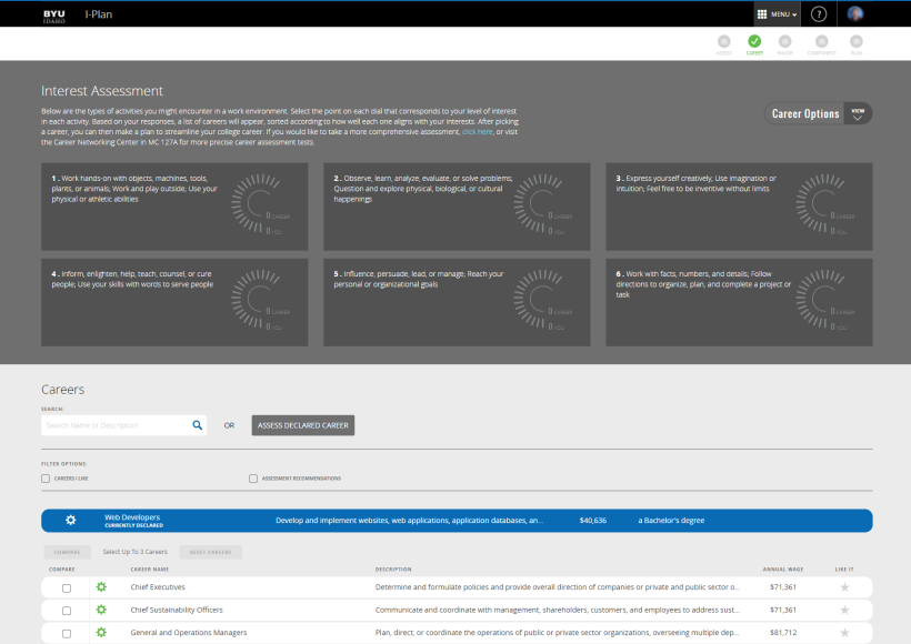A screenshot view of Career Exploration in I-Plan.