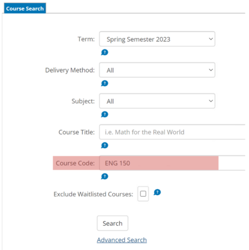 In explaining multiple ways to search of a class, the image shows the course code option selected with a course code of ENG 150, which stand for English 150.