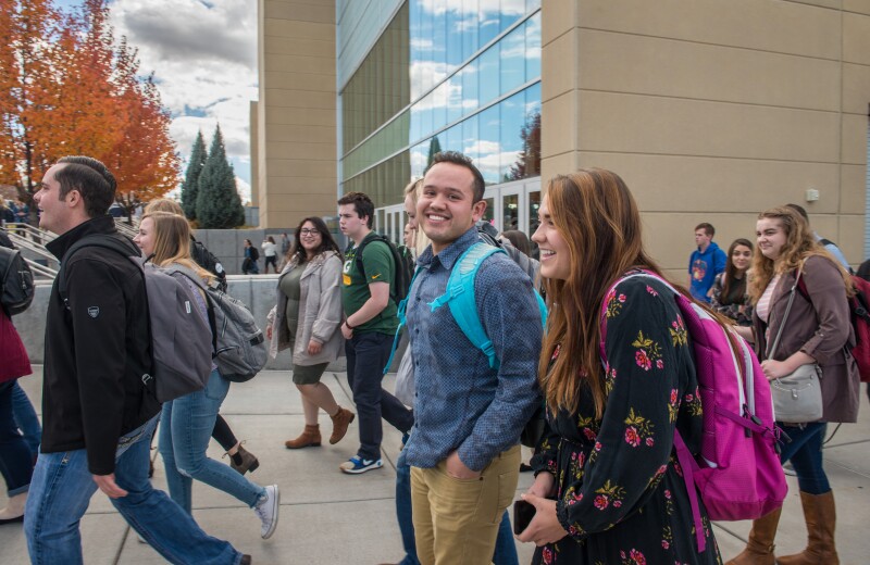 A general photo of Students leaving the BYU-I Tuesday devotional