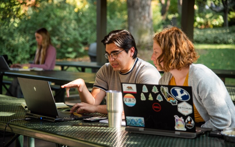 Students studying in the Ricks gardens.