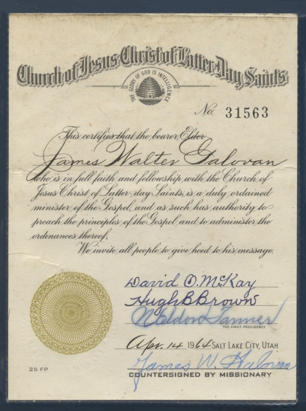 Missionary Certification Elder James Galovan