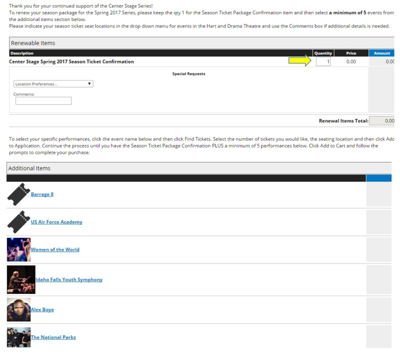 Screenshot of renewable items for season ticket holders. An arrow points to the quantity of tickets to be renewed. At the bottom of the image is a list of performances that can be added to the cart. Each listed performance has a photo image of the entertainer.