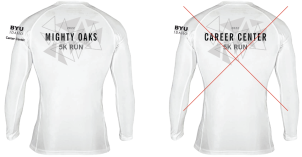 Acceptable branding placement of department logo on the sleeve of a shirt with artwork on the back. In an acceptable branding placement example, the shirt appears again with the BYU-Idaho logo on the left sleeve but the department name combined with the artwork on the back.