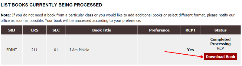 A screenshot of list books currently being processed. On the right side of the screenshot there is an arrow that points to a button that says "Download Book."