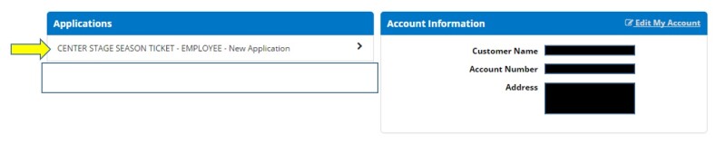 Screenshot of BYU-Idaho Center Stage New Application page for employees. An account information box is on the right of the new application box.