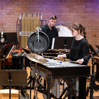 RixStix Percussion Group students play their instruments at a dress rehearsal in the Barrus Concert Hall.