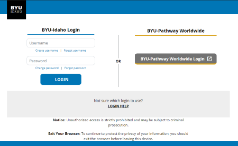 BYUI Login screen