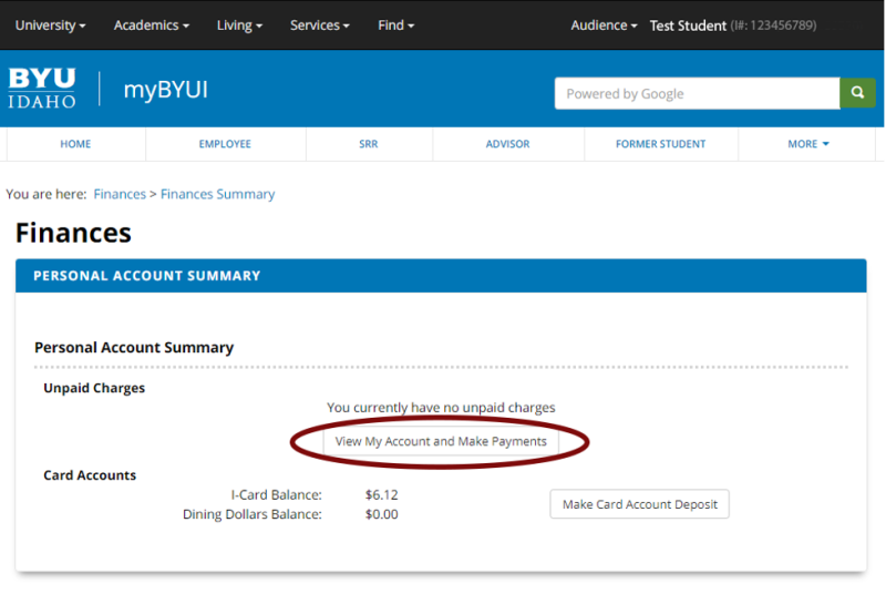 A screenshot of my.byu.edu labeled "Personal Account Summary" and has a section circled below that says "View My Account and Make Payments."