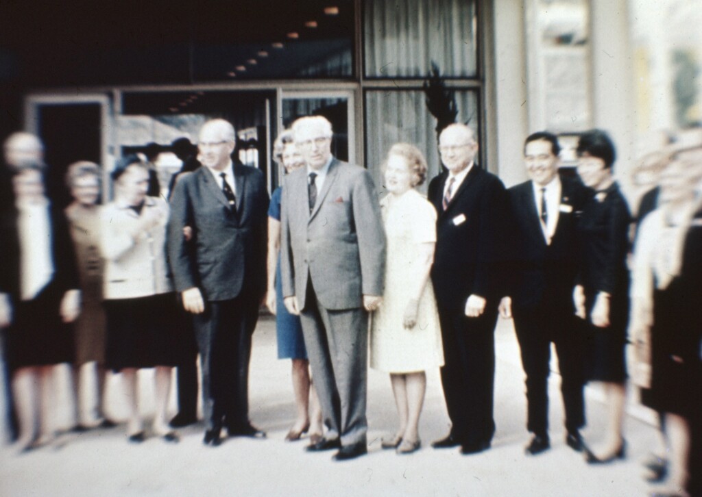 President & Sister Ezra Taft Benson, President & Sister Hugh B. Brown, Elder Brockbank, President & Sister Okazaki, Outside of Pavilion