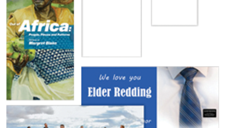 Three examples of designed posters and two boxes with sizes 11 inches by 17 inches and 8.5 inches by 11 inches.