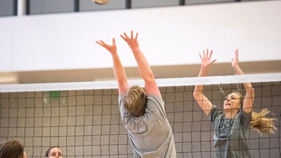 Students play volleyball on campus.