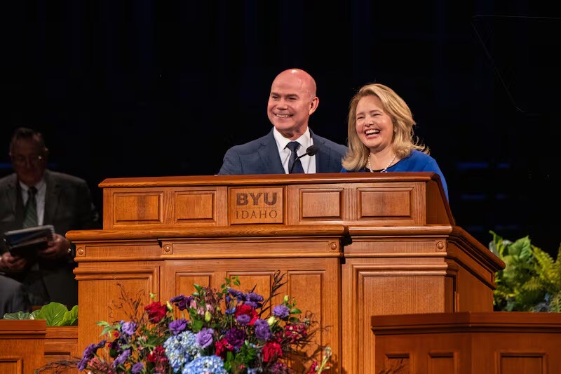 President Alvin F. Meredith III and Sister Jennifer Meredith speak at the Fall 2025 semester-opening devotional held in the BYU–Idaho Center on Sept. 16, 2025, in Rexburg, Idaho.