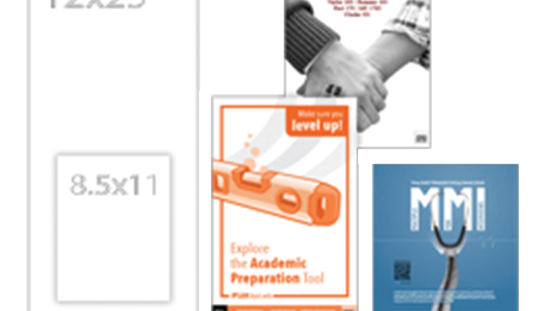 Three examples of informative posters and boxes that indicate sizes 12 inches by 25 inches or 8.5 inches by 11 inches.