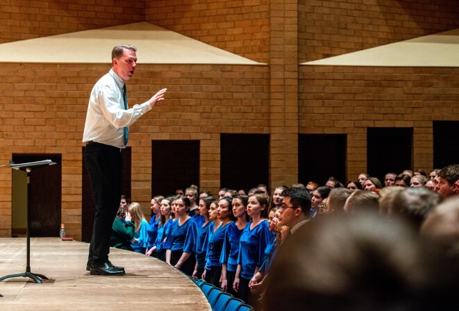 BYU-Idaho Students singing in the April 2022 General Conference rehearse the songs prior to Conference.