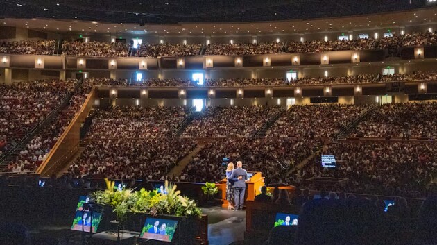 Students gather in the BYU-Idaho Center to listen to President Alvin F. Meredith III and Sister Jennifer Meredith speaking in the first devotional of fall semester, in Rexburg, Idaho, on Sept. 16, 2025
