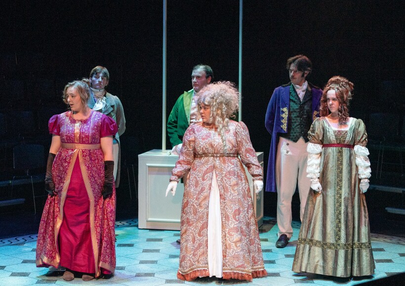 BYU-I Theater students during "Sense and Sensibility" in the Snow Black Box Theatre